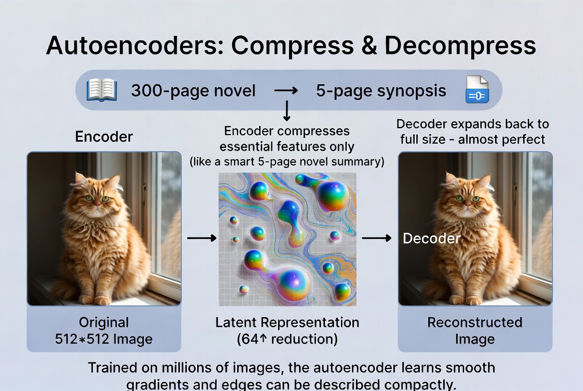 Autoencoder diagram: an encoder compresses a 512x512 image into a compact 64x64 latent representation with a 64x reduction, then a decoder reconstructs the original image