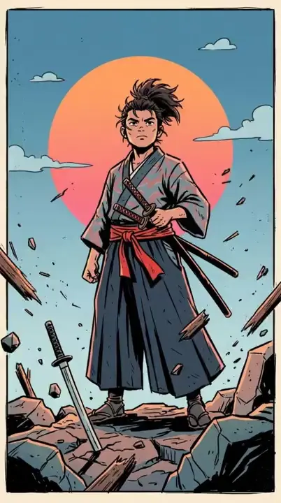 Still illustration of a samurai at sunset