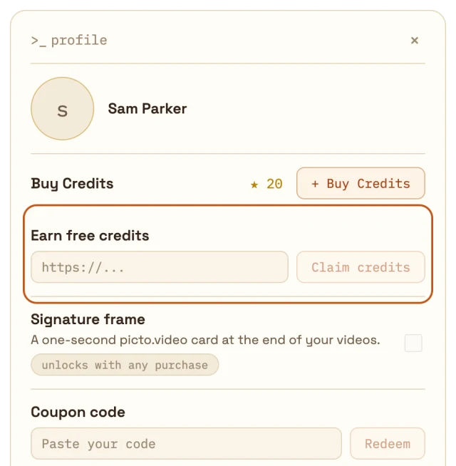 The Picto.Video profile with the Earn free credits box, where you paste the link to your post and press Claim credits