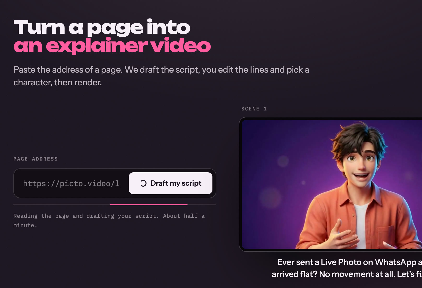 The Start screen: a page address in the field, Draft my script working, and the note Reading the page and drafting your script. About half a minute.