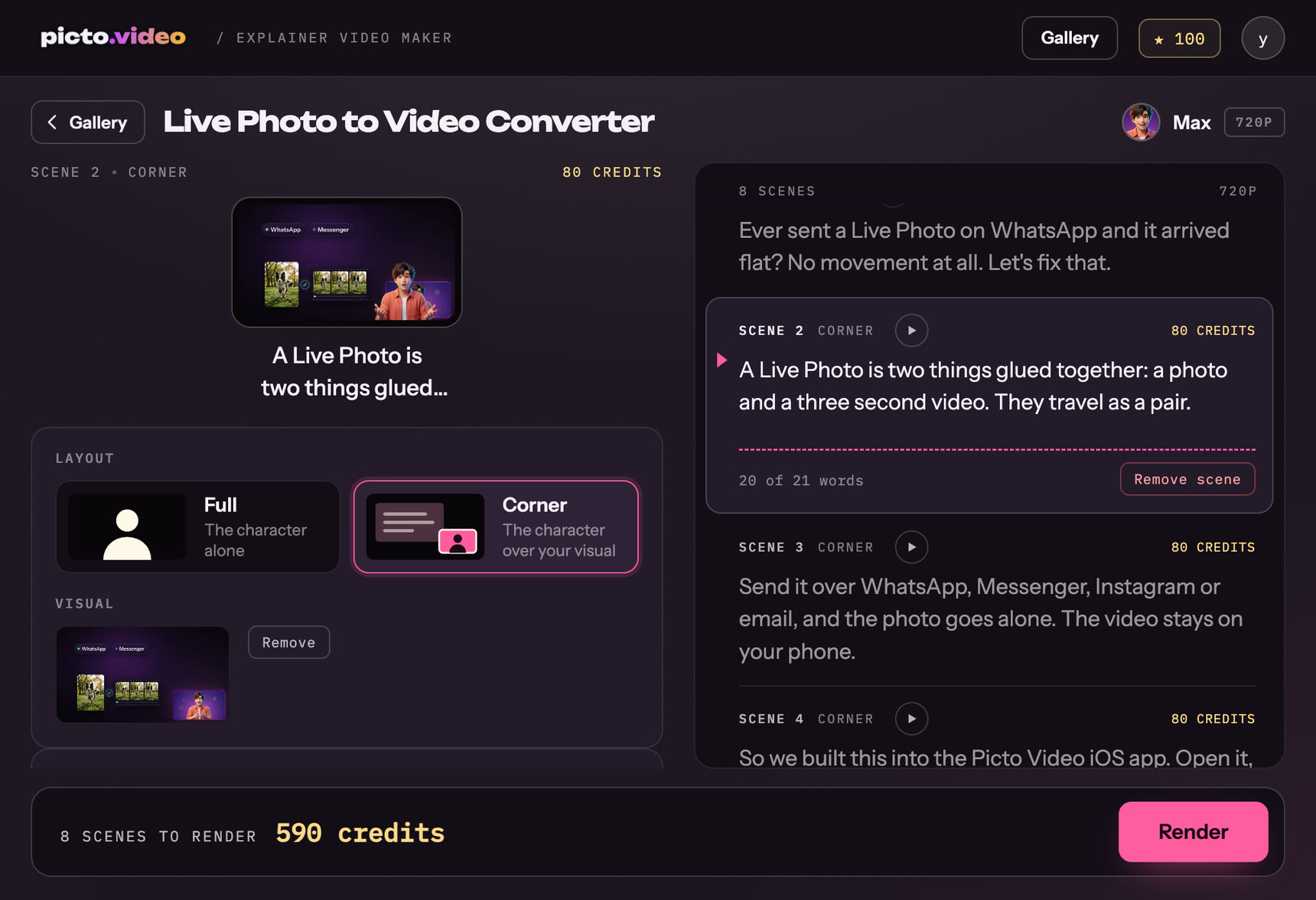 Scene 2 open for editing: its line at 20 of 21 words, the Corner layout with the character over the picture, and Remove scene.