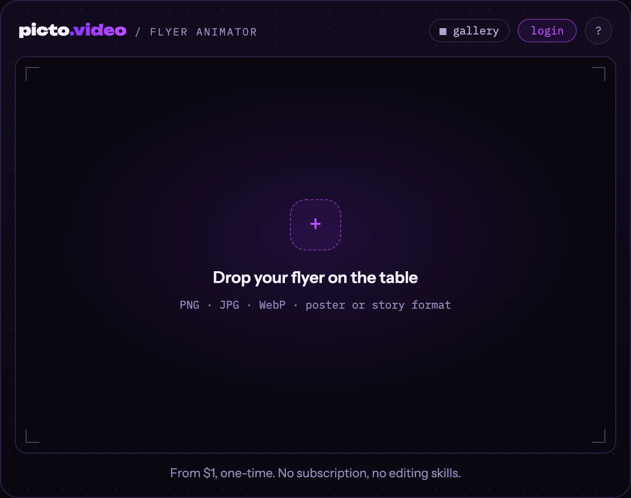 The flyer animator on Picto.Video, with the upload area marked