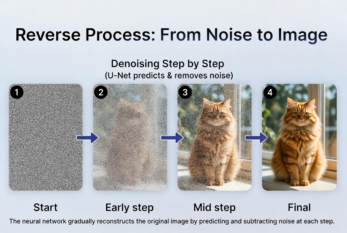 Reverse diffusion process: a neural network progressively removes noise from pure static to produce a clean generated image
