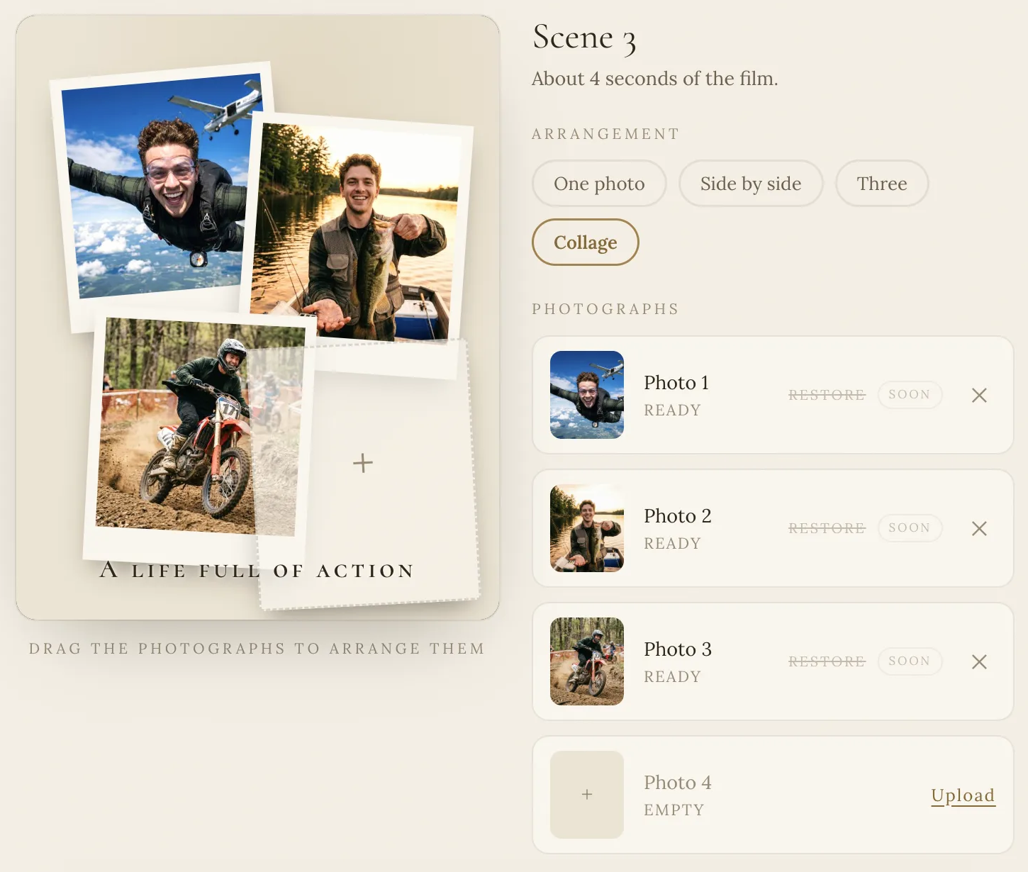 Uploading photographs to a scene in the tribute builder: a collage on the left, the photo list with an empty upload slot on the right