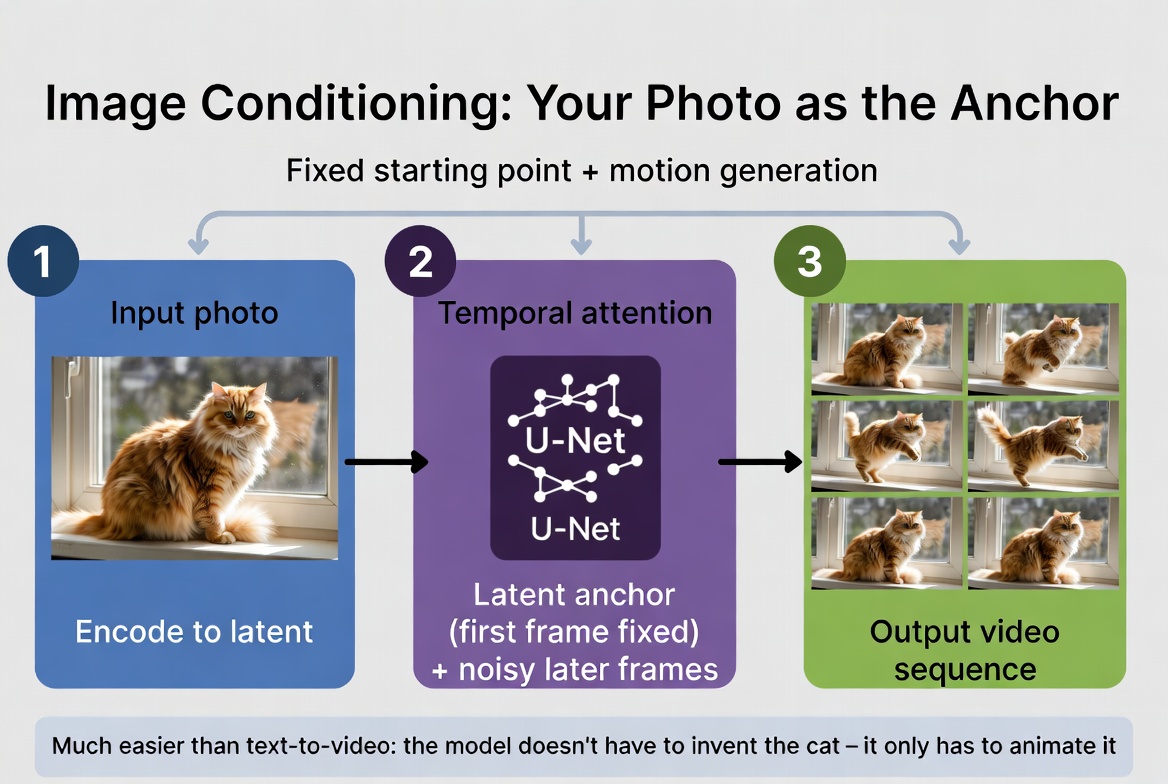 Image conditioning pipeline: input photo is encoded to latent as a fixed anchor, temporal attention generates motion for subsequent frames, decoder outputs the final video sequence
