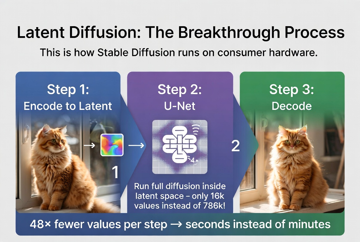 Latent diffusion pipeline: Step 1 encode image to latent, Step 2 run U-Net diffusion in latent space with only 16k values instead of 786k, Step 3 decode back to full image — 48x fewer values per step