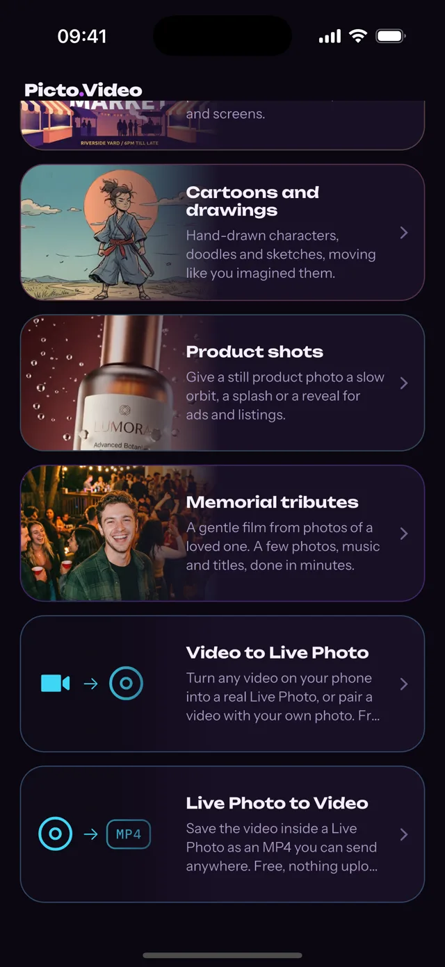The Picto.Video iOS app home screen with the Live Photo to Video row