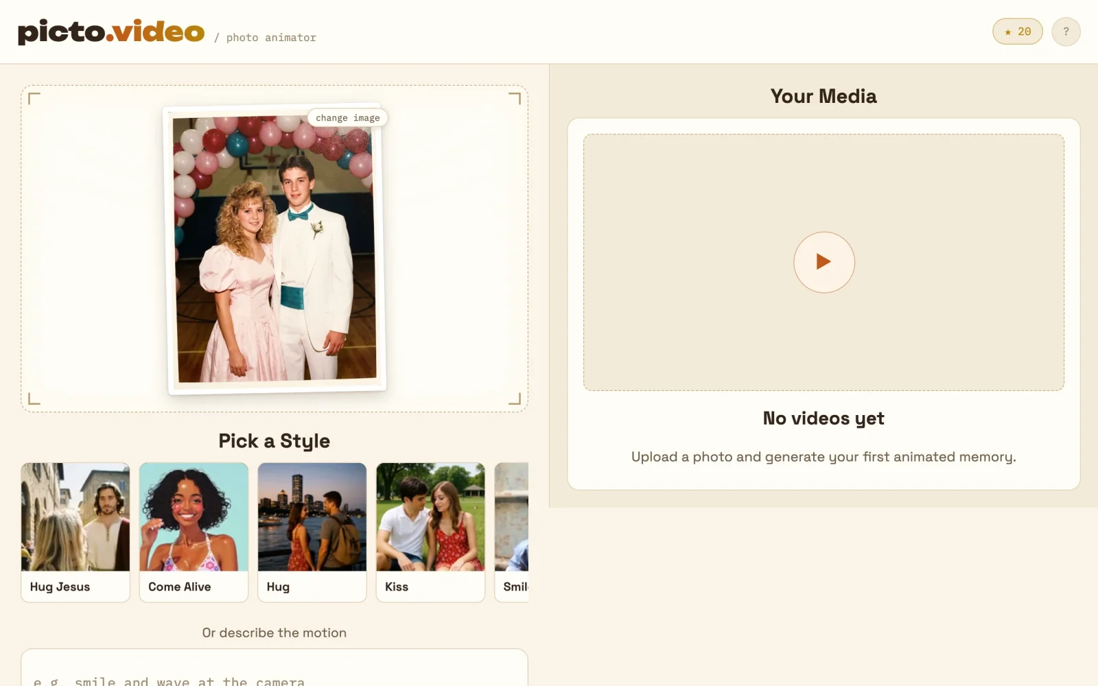 The Picto.Video web app with an old prom photo in the photo box
