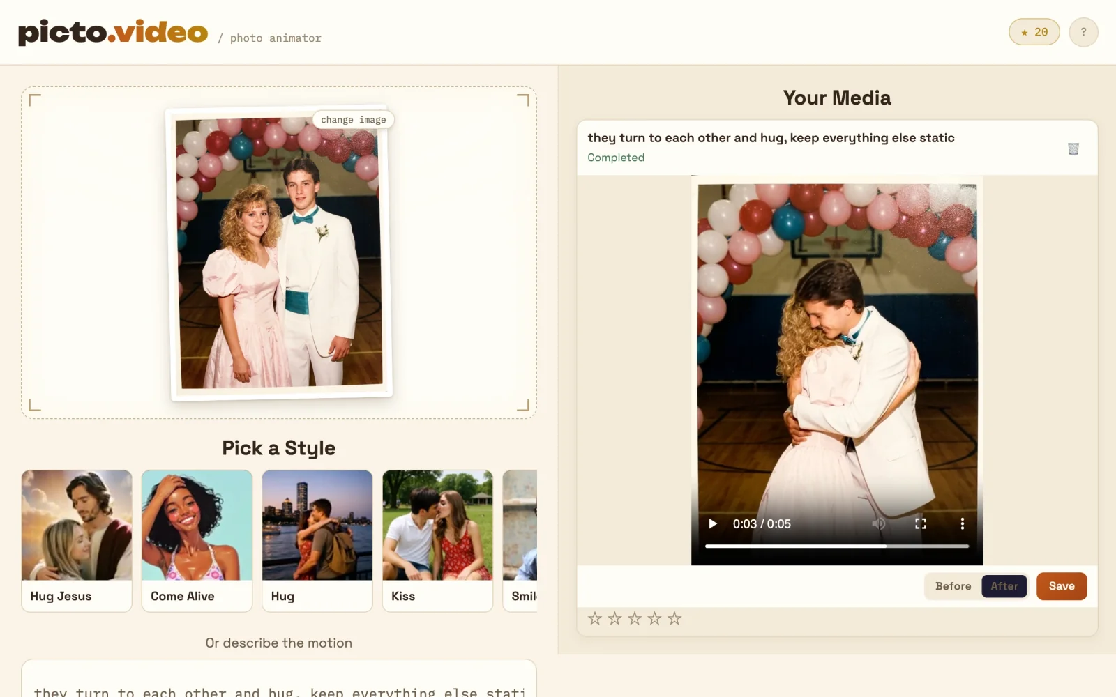 The finished video in the Picto.Video web app: the couple hug, with the Save button under it