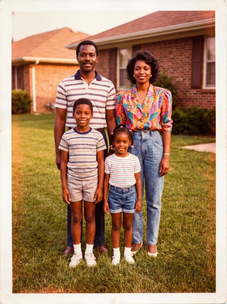 An old photo of a family of four standing on the lawn in front of their house