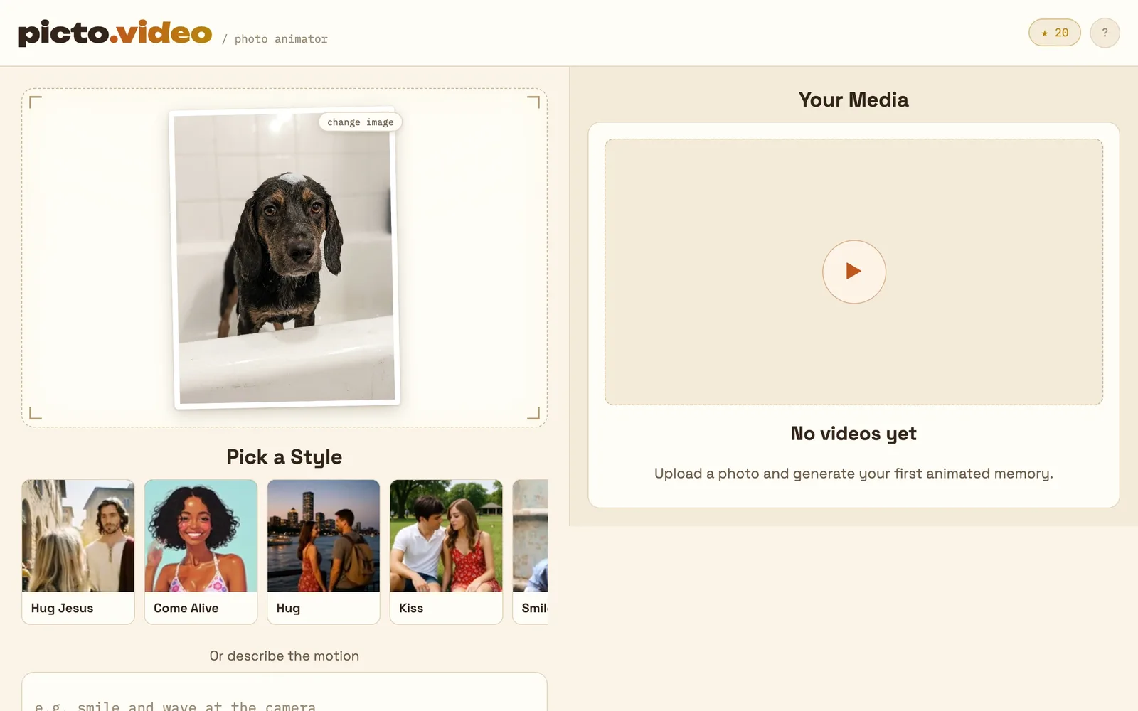 The Picto.Video web app with the photo of a wet beagle puppy in the photo box