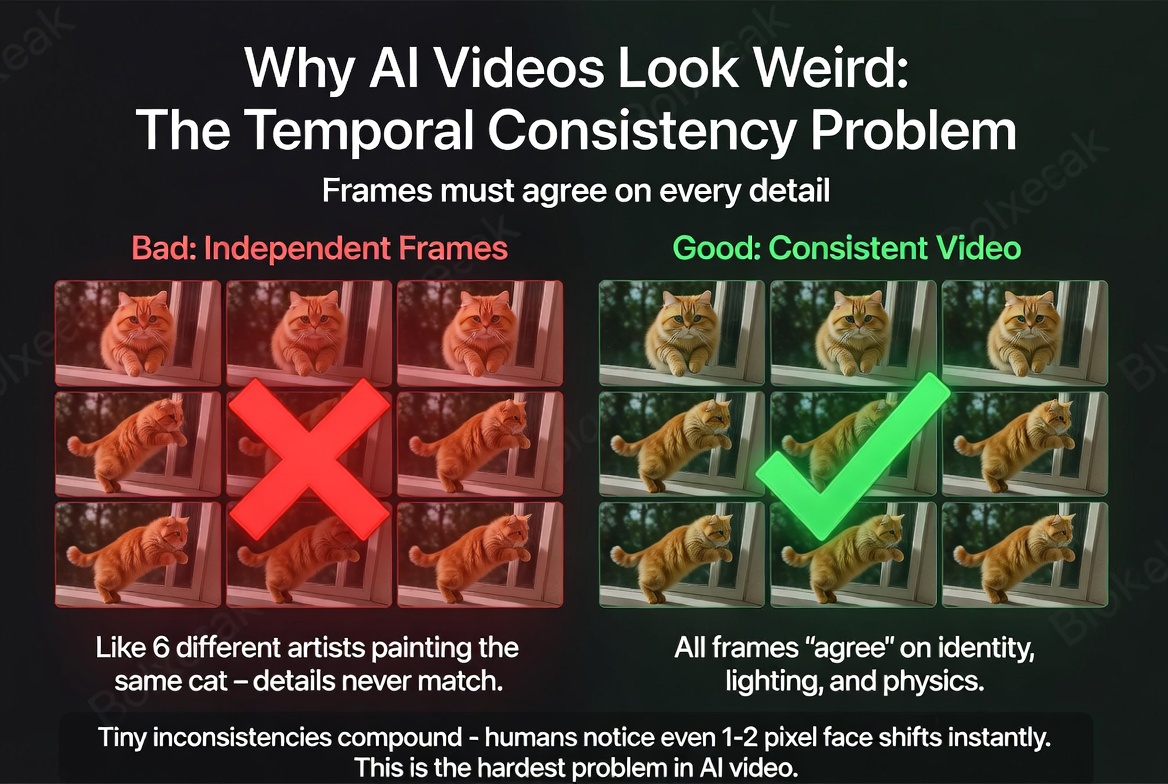 Comparison: independent frames where details never match (like 6 different artists painting the same cat) versus consistent video where all frames agree on identity, lighting, and physics