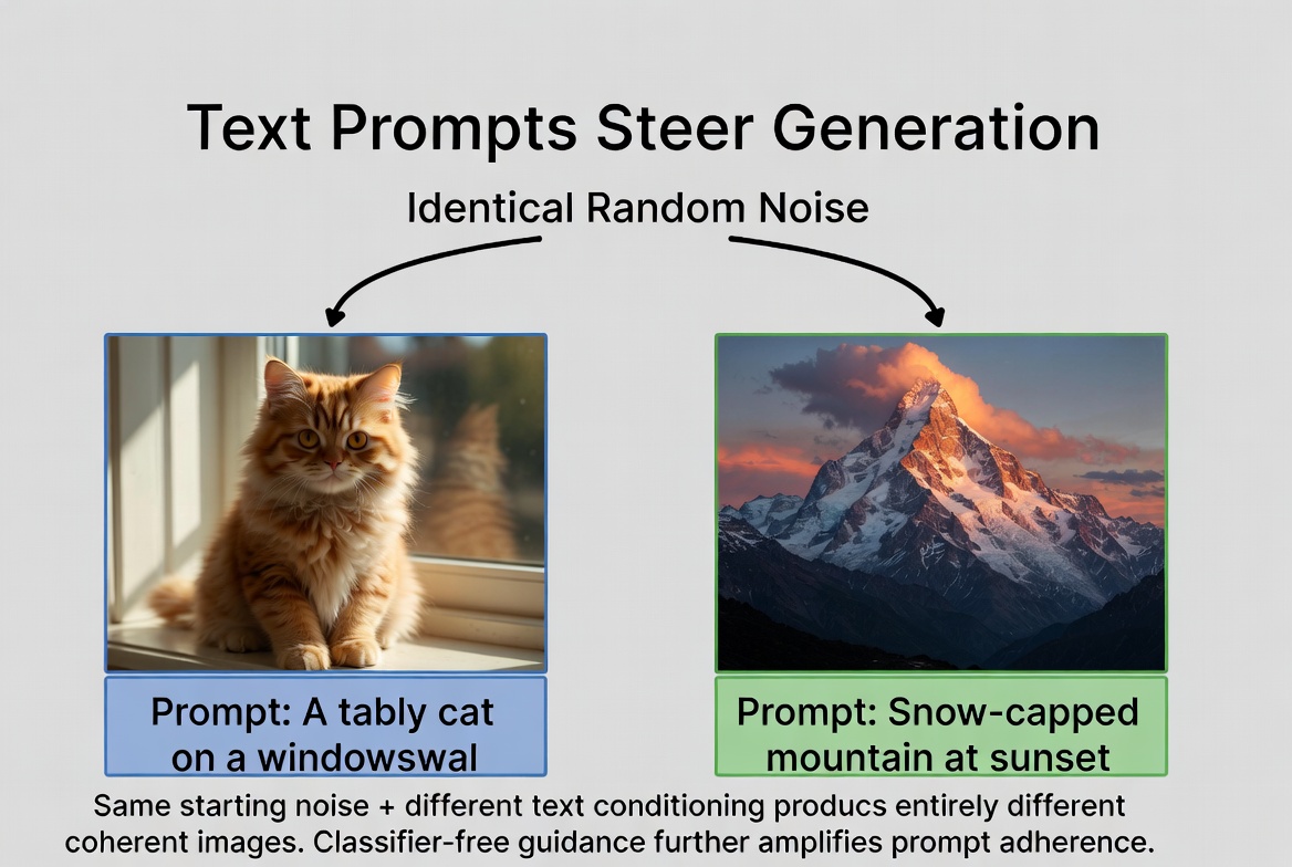 Text conditioning: the same noise produces different images depending on the text prompt used during denoising