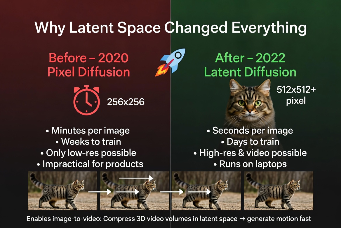 Before 2020 pixel diffusion: minutes per image, weeks to train, only low-res, impractical. After 2022 latent diffusion: seconds per image, days to train, high-res and video possible, runs on laptops